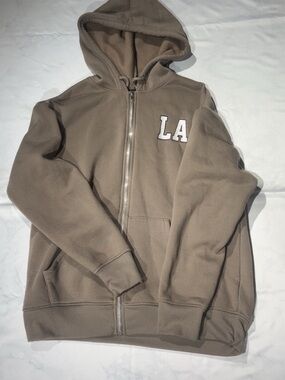 Charlotte Russe Men's Zip-Up Hoodie in Taupe with LA Patch